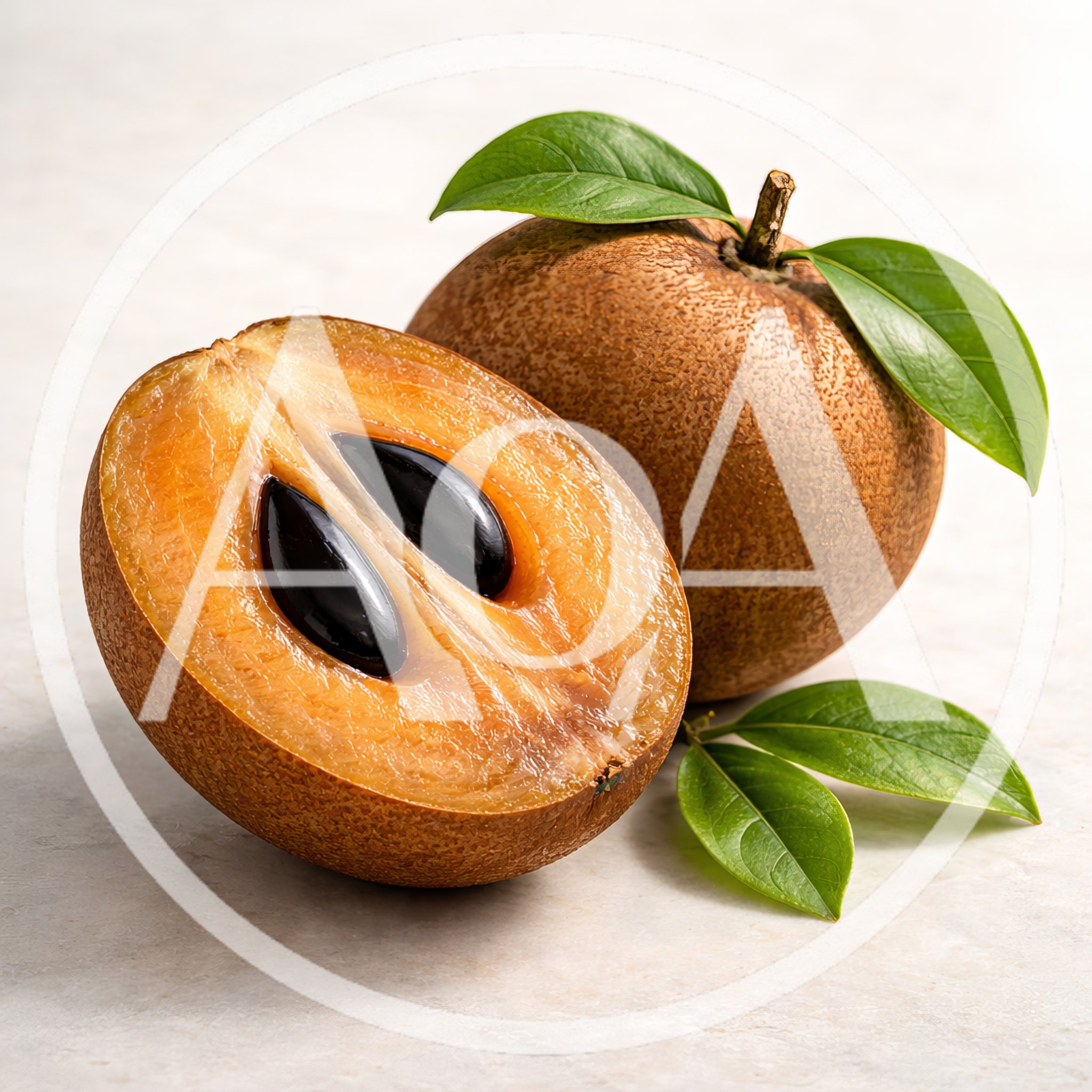 Fresh Sapodilla Fruit With Leaves On White Background