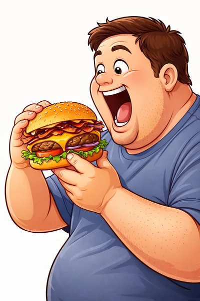 Overweight Man Excitedly Holding A Large Cheeseburger