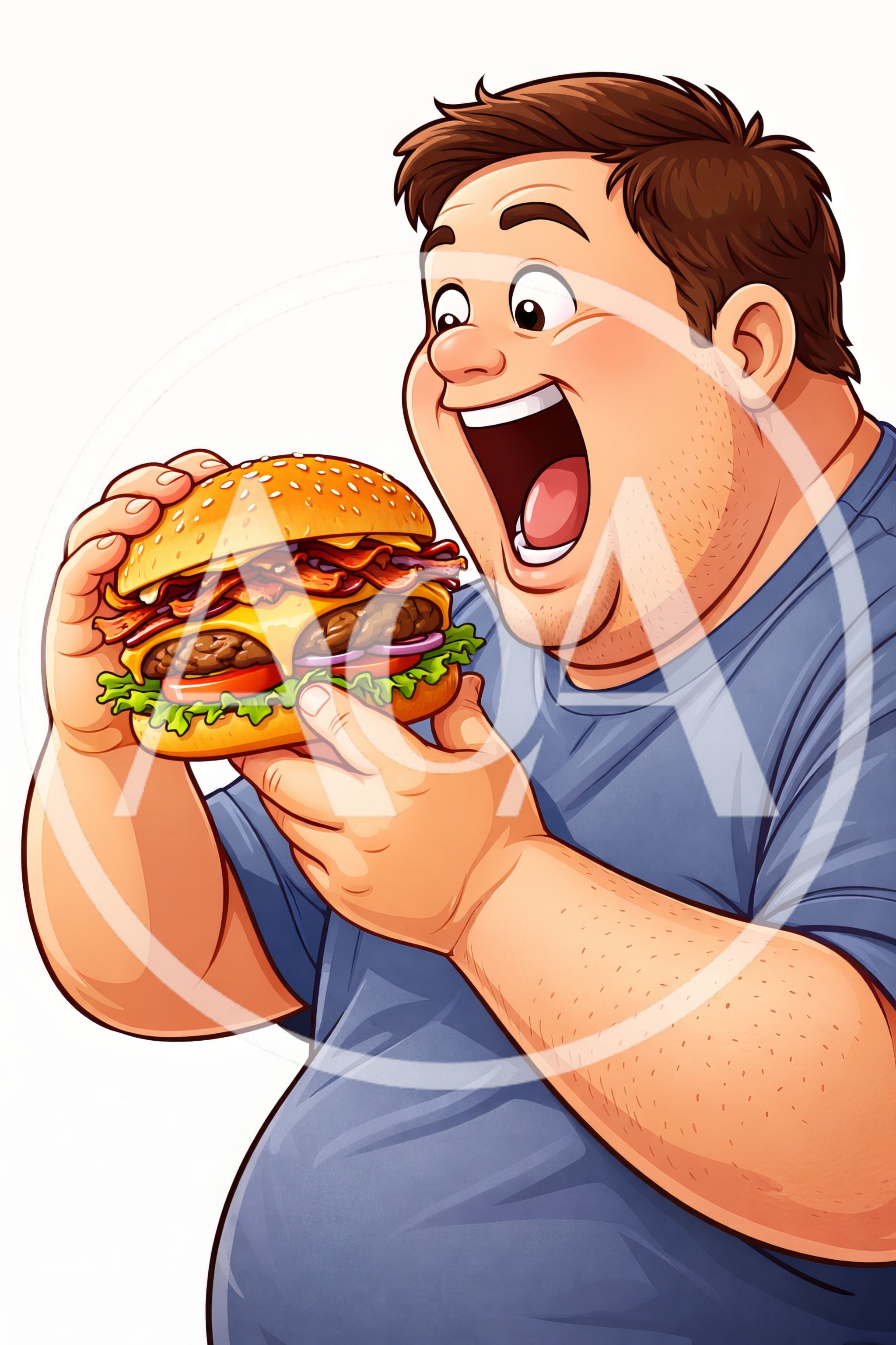 Overweight Man Excitedly Holding A Large Cheeseburger