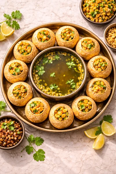 Pani Puri Platter With Spiced Water And Chickpeas