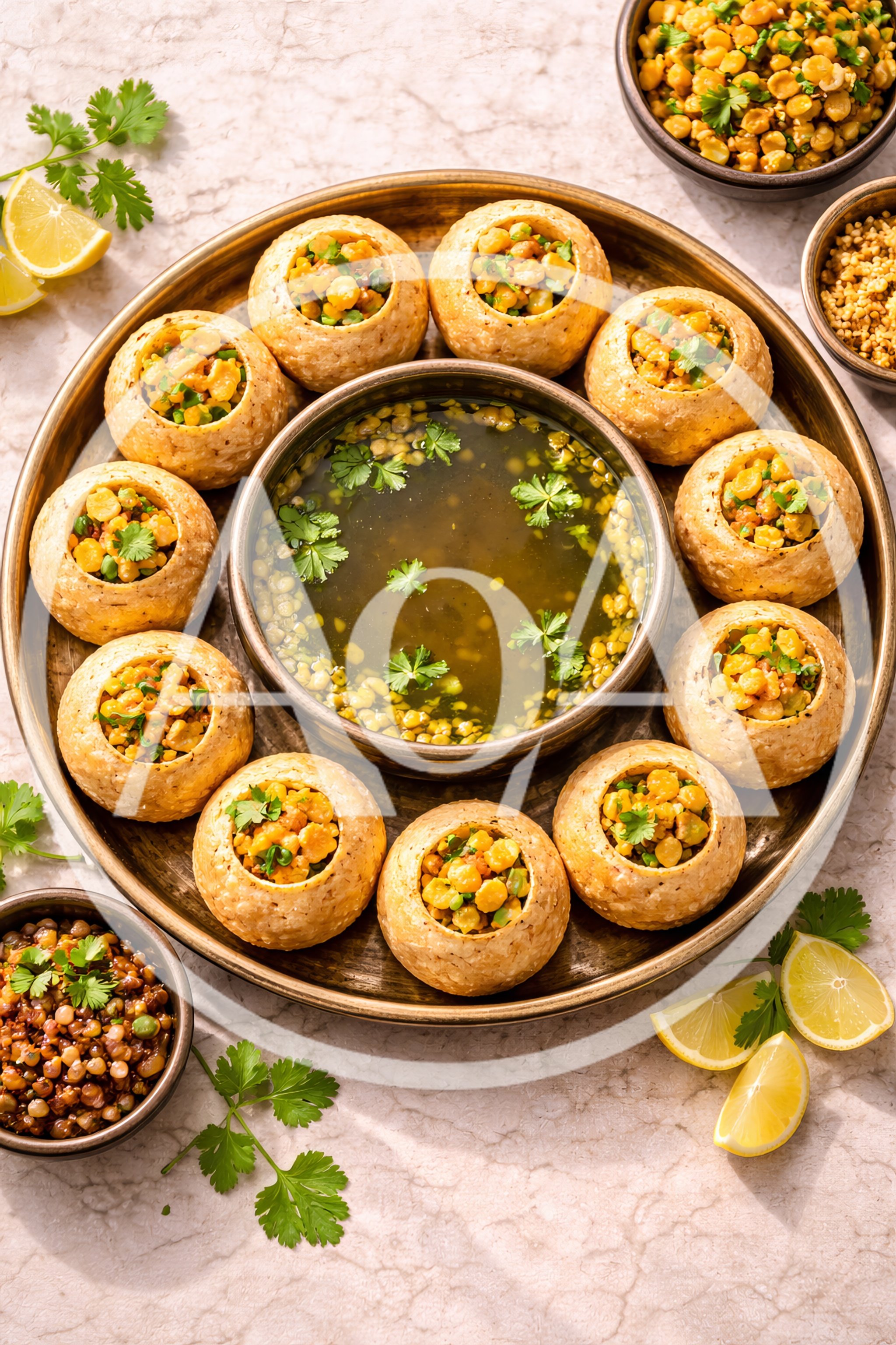Pani Puri Platter With Spiced Water And Chickpeas