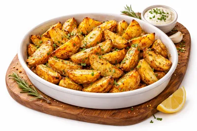 Roasted Potato Wedges in White Ceramic Dish