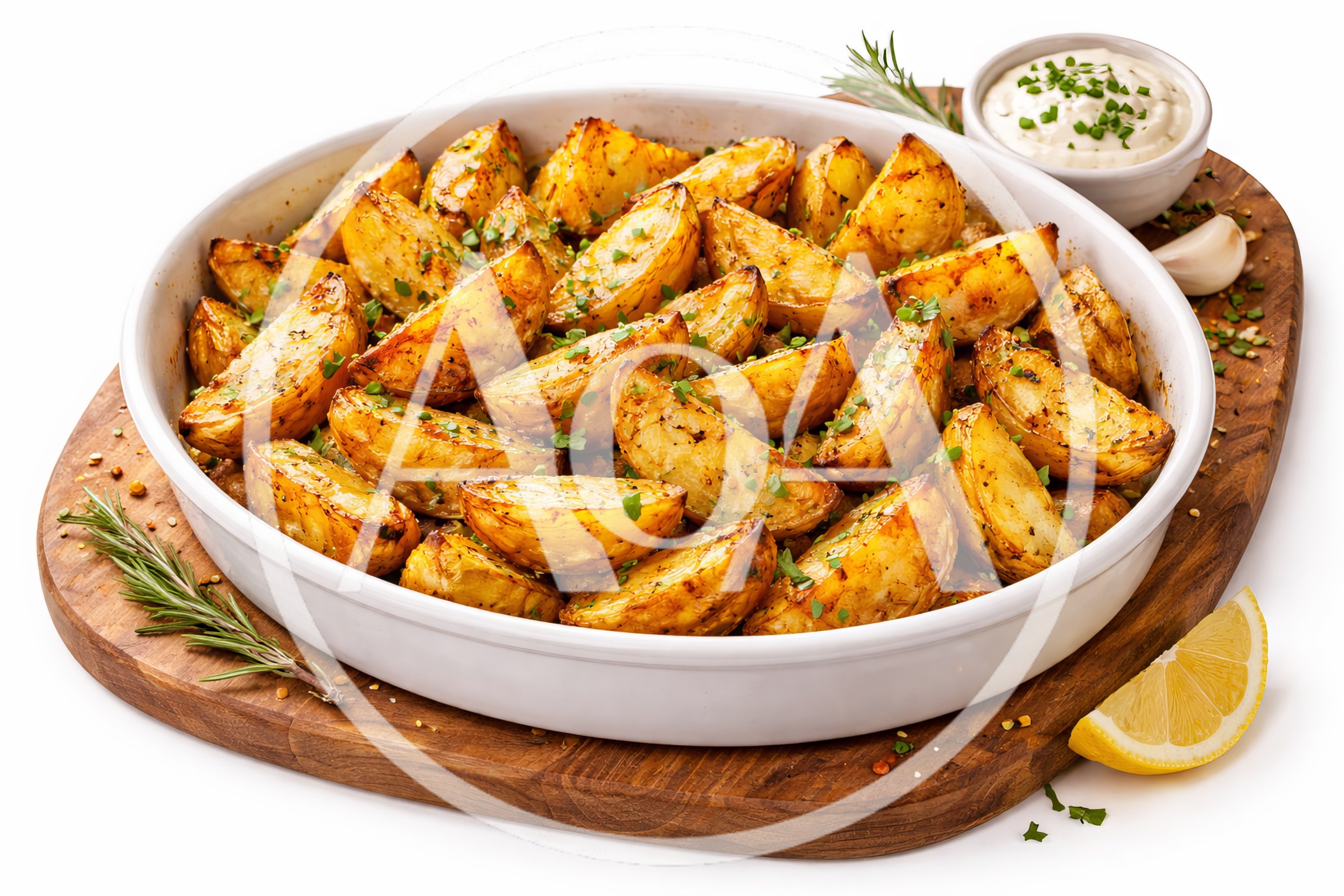 Roasted Potato Wedges in White Ceramic Dish
