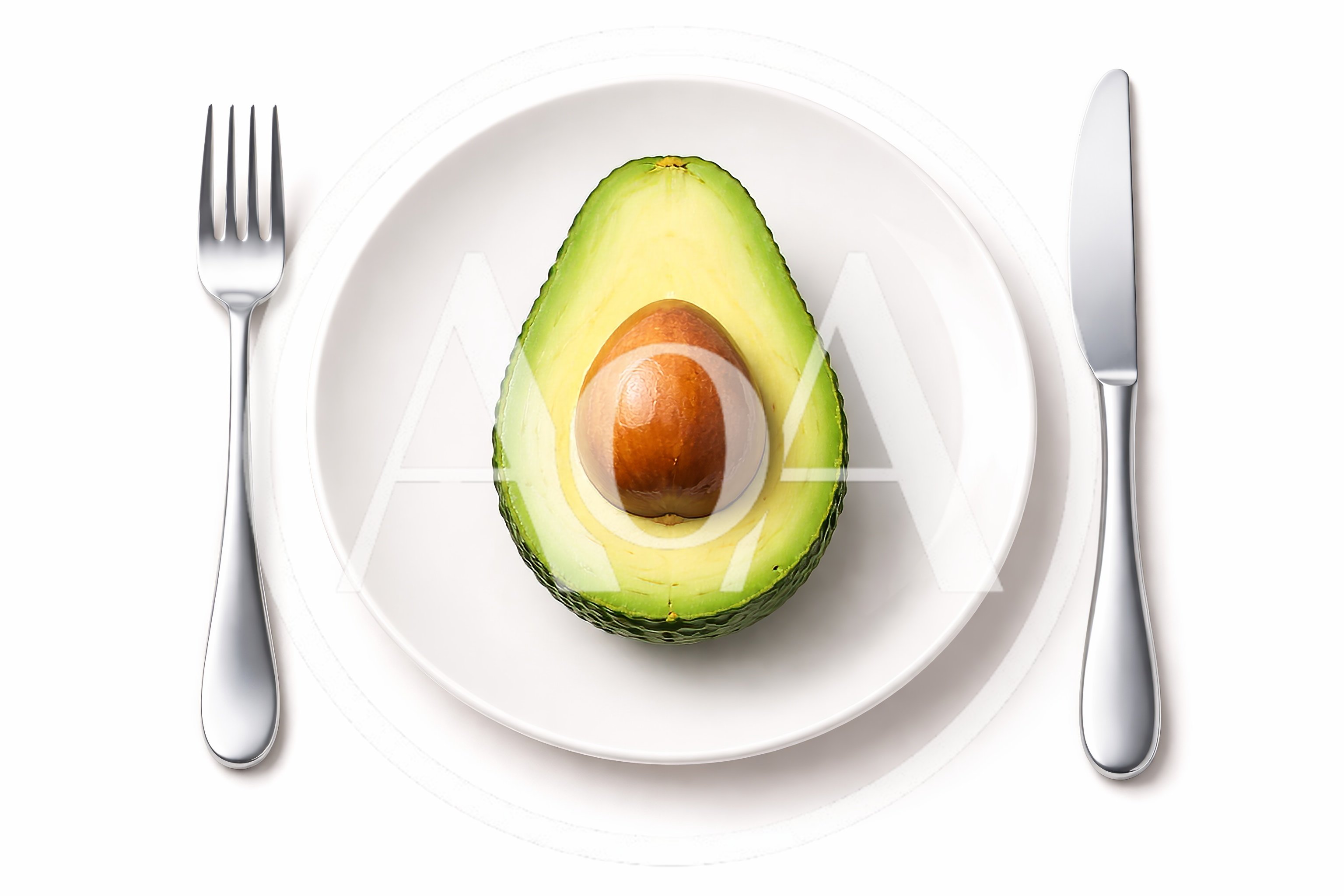 Half An Avocado On A White Plate With Cutlery