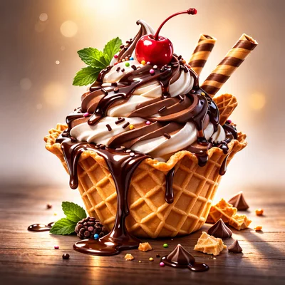Chocolate Swirl Ice Cream In A Waffle Bowl