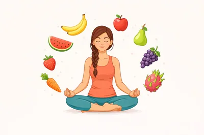 Woman Practicing Yoga Surrounded By Healthy Fruits And Vegetables