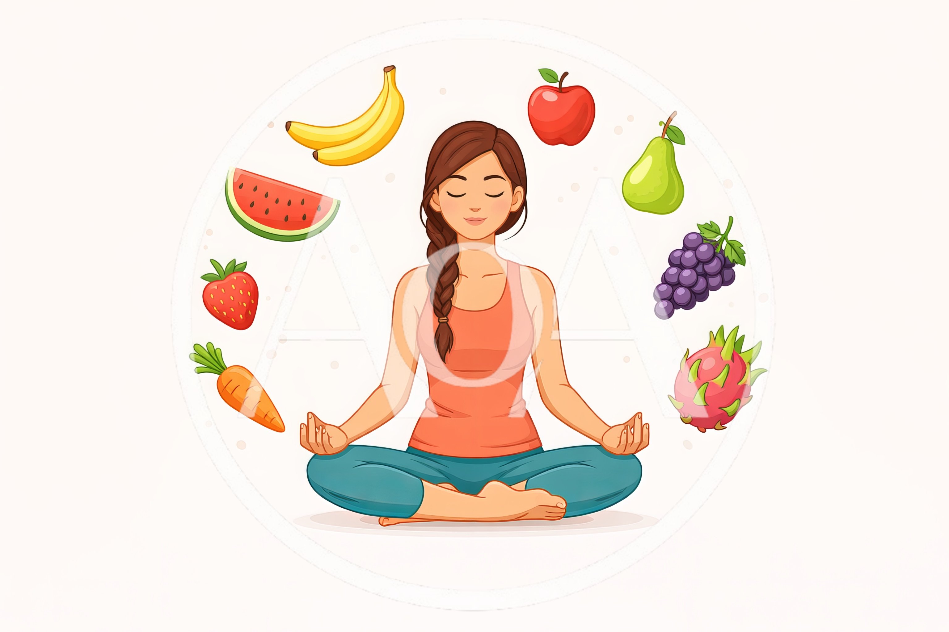 Woman Practicing Yoga Surrounded By Healthy Fruits And Vegetables