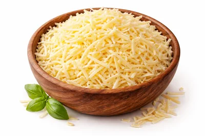 Shredded Cheese In A Wooden Bowl