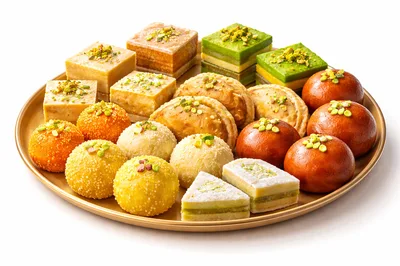 Assorted Indian Sweets Platter on Gold Tray