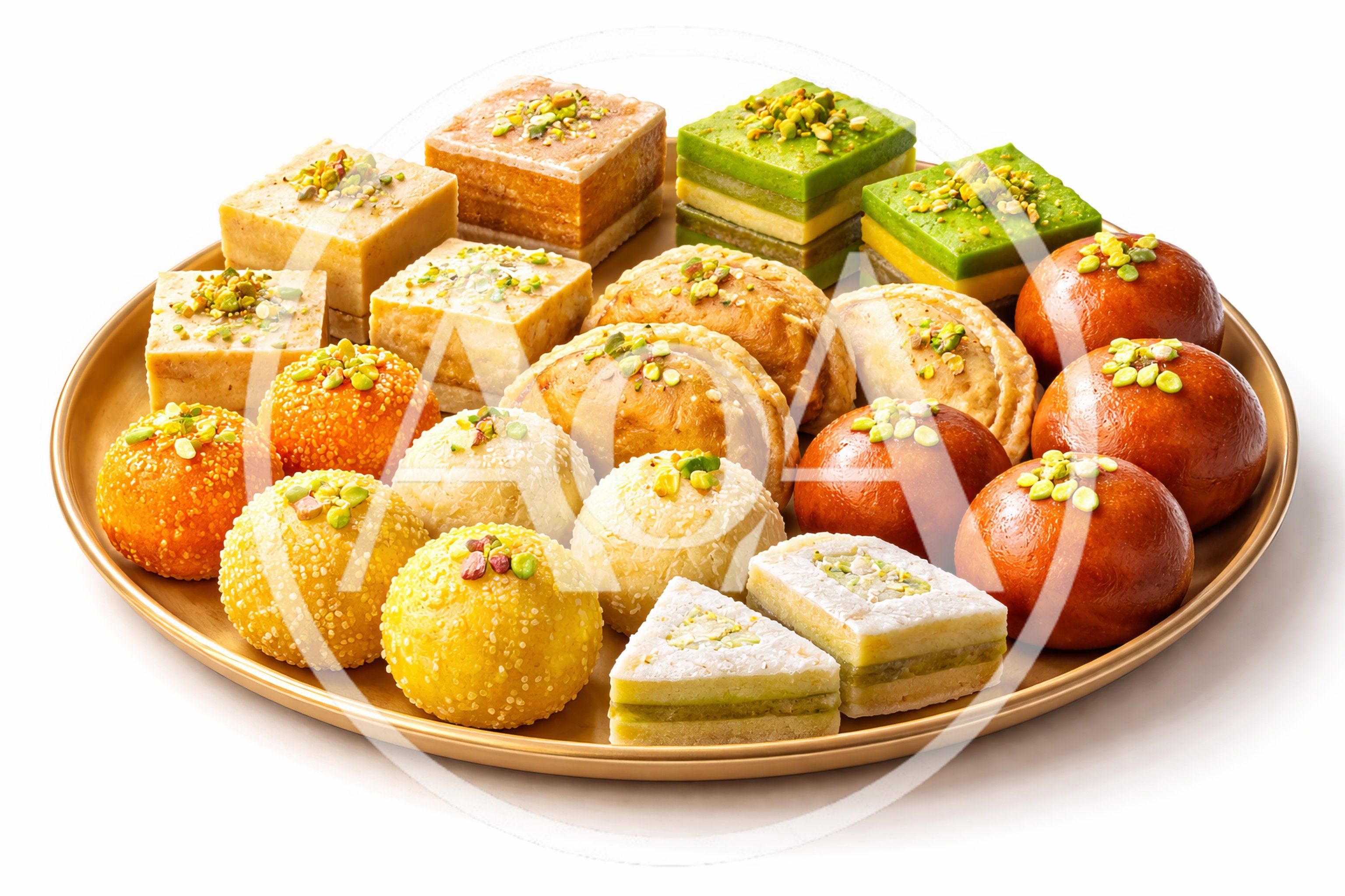 Assorted Indian Sweets Platter on Gold Tray