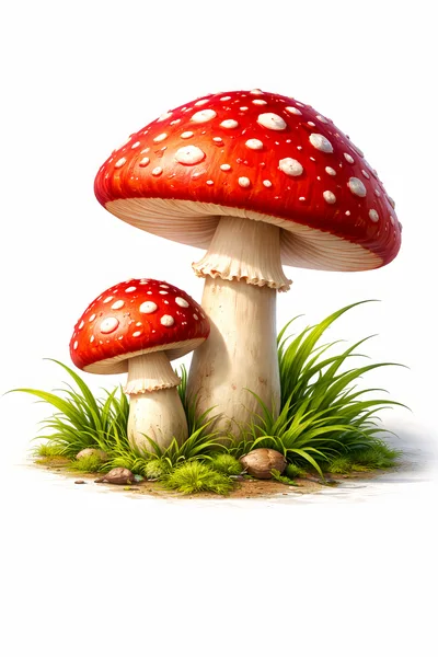 Two Red Amanita Muscaria Mushrooms in Green Grass