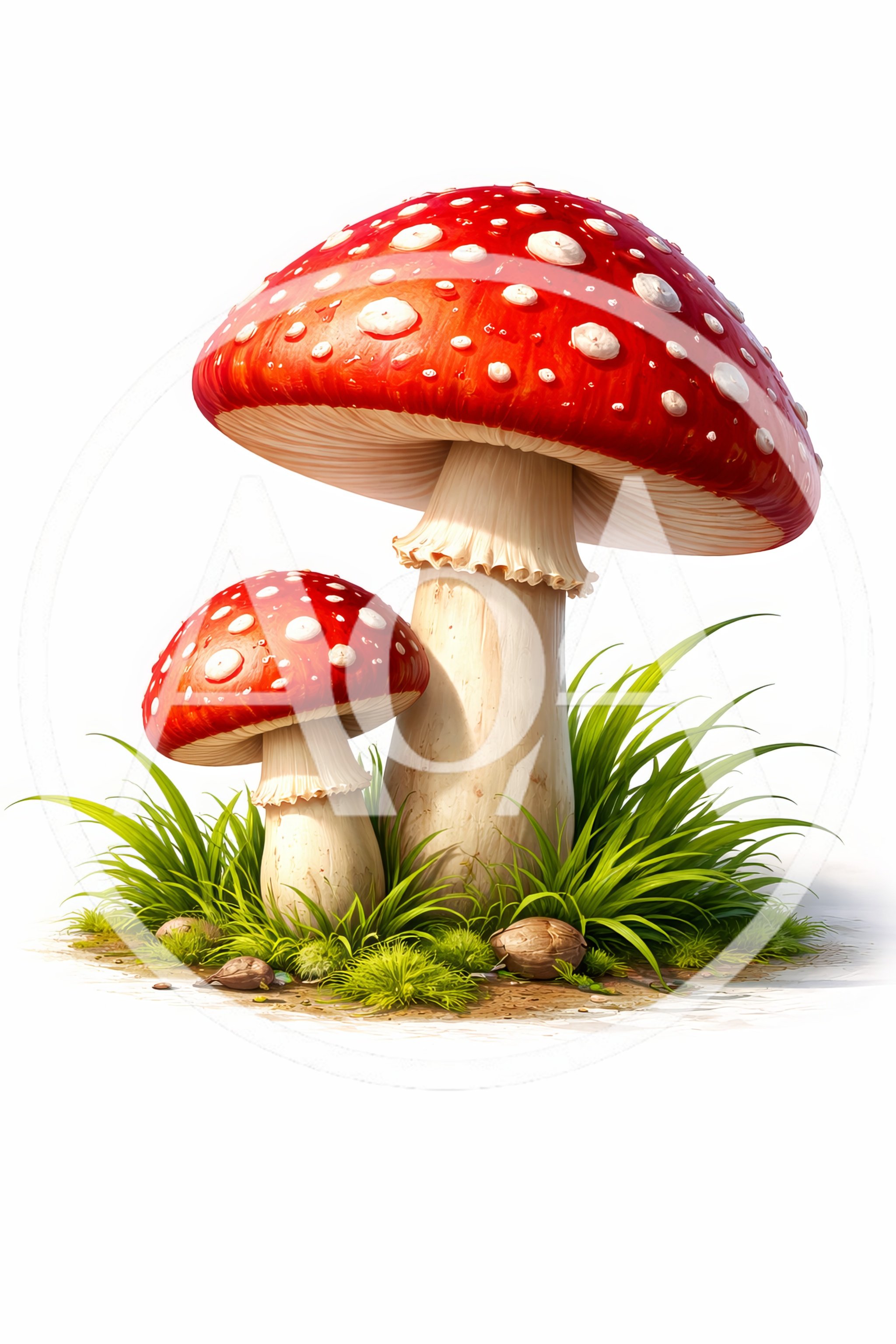 Two Red Amanita Muscaria Mushrooms in Green Grass