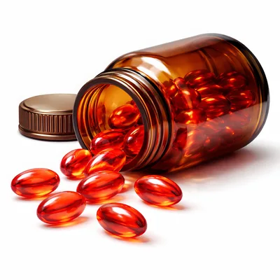 Amber Glass Bottle With Red Gel Capsules