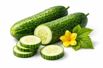Fresh Green Cucumbers With Slices And Flower