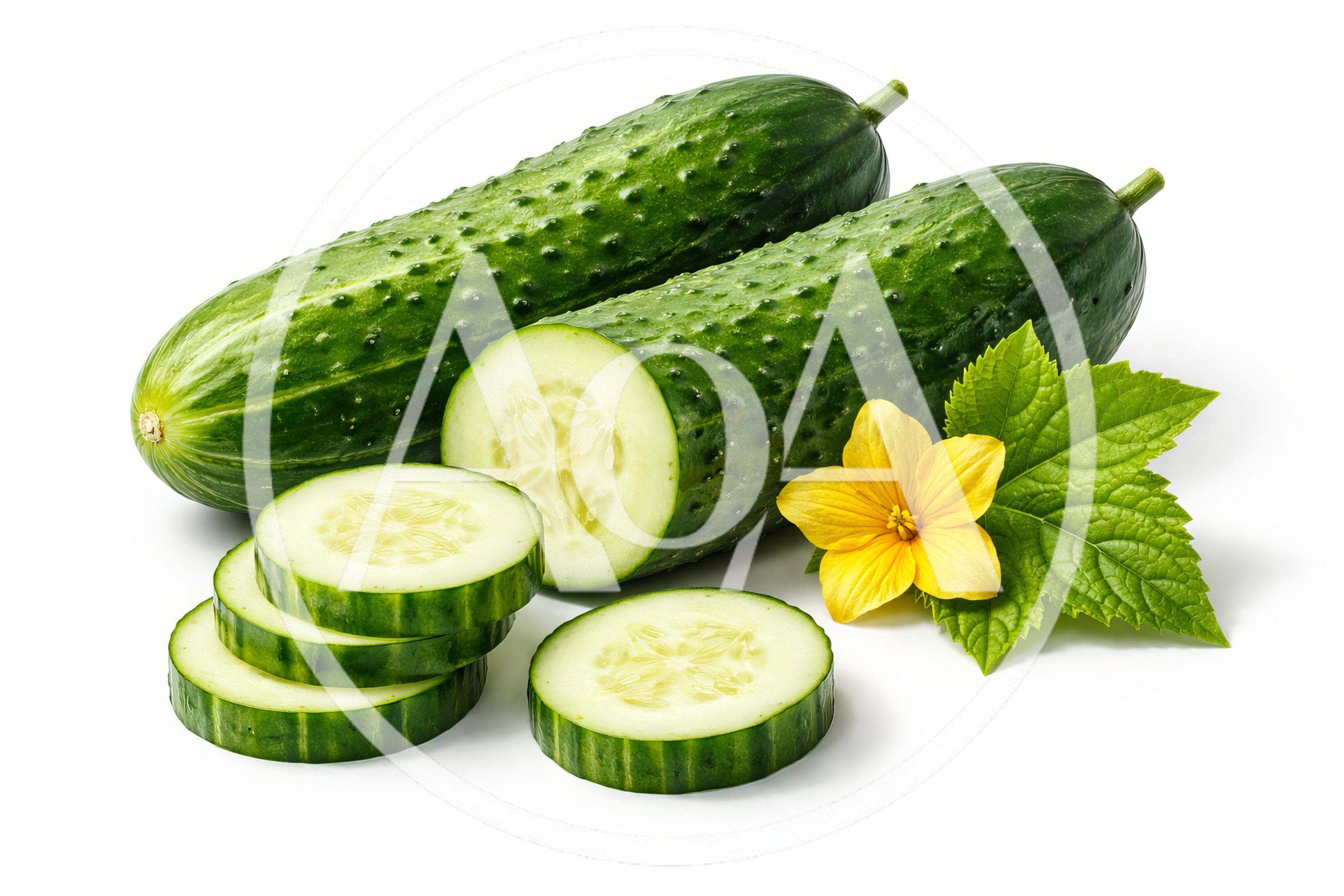 Fresh Green Cucumbers With Slices And Flower