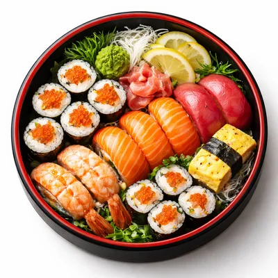 Assorted Sushi Platter In A Round Black Tray