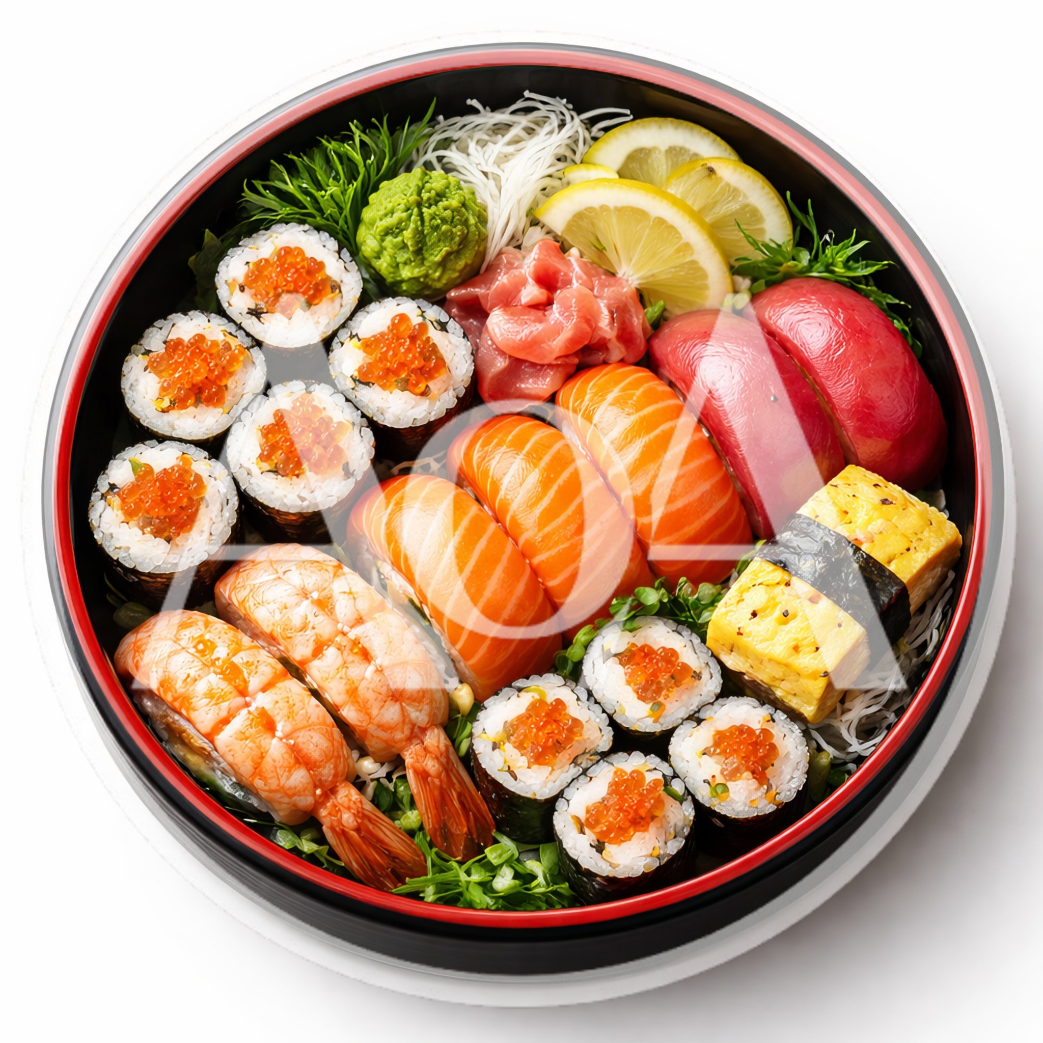 Assorted Sushi Platter In A Round Black Tray