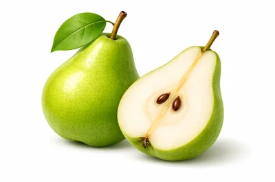 Whole And Halved Fresh Green Pears