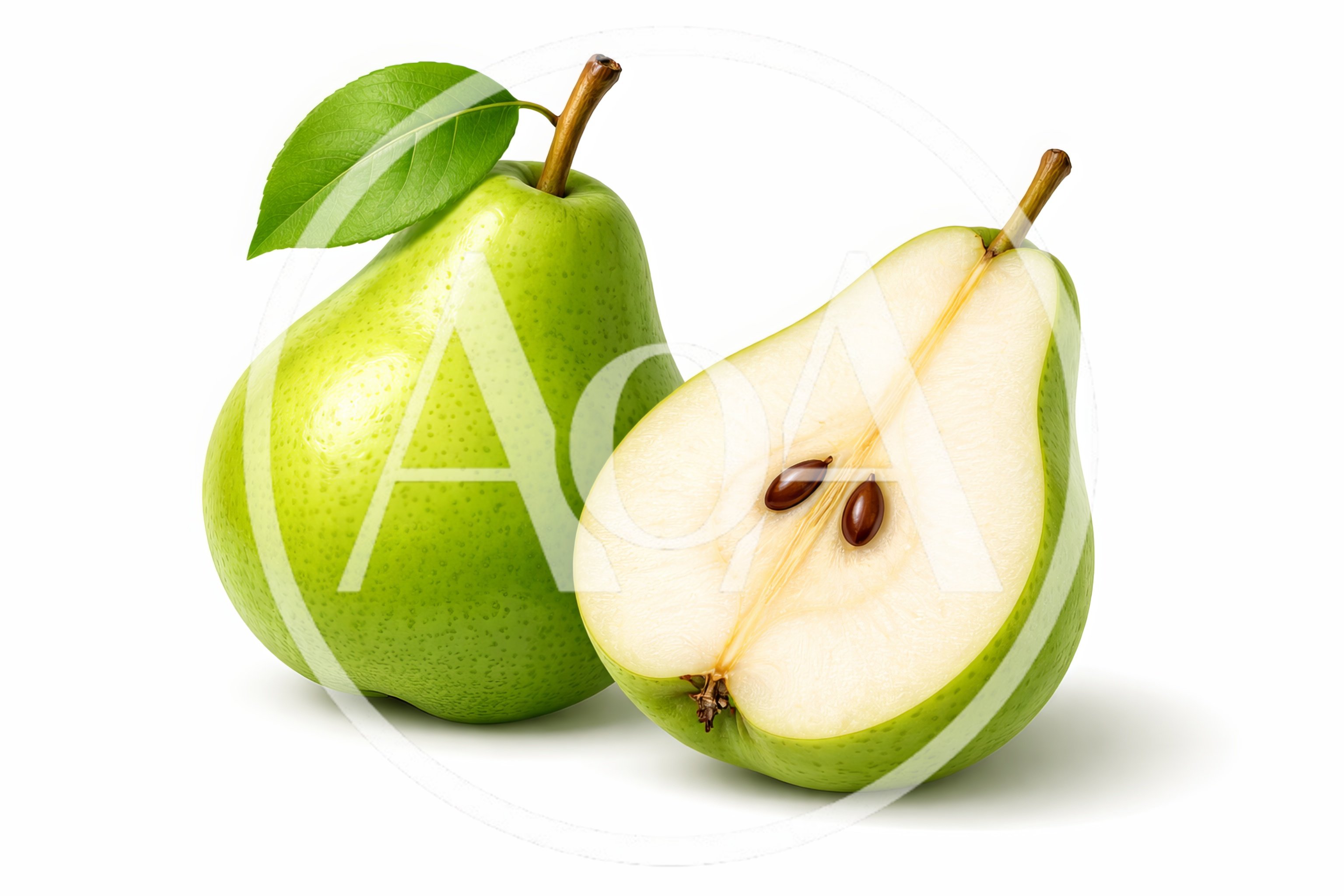 Whole And Halved Fresh Green Pears