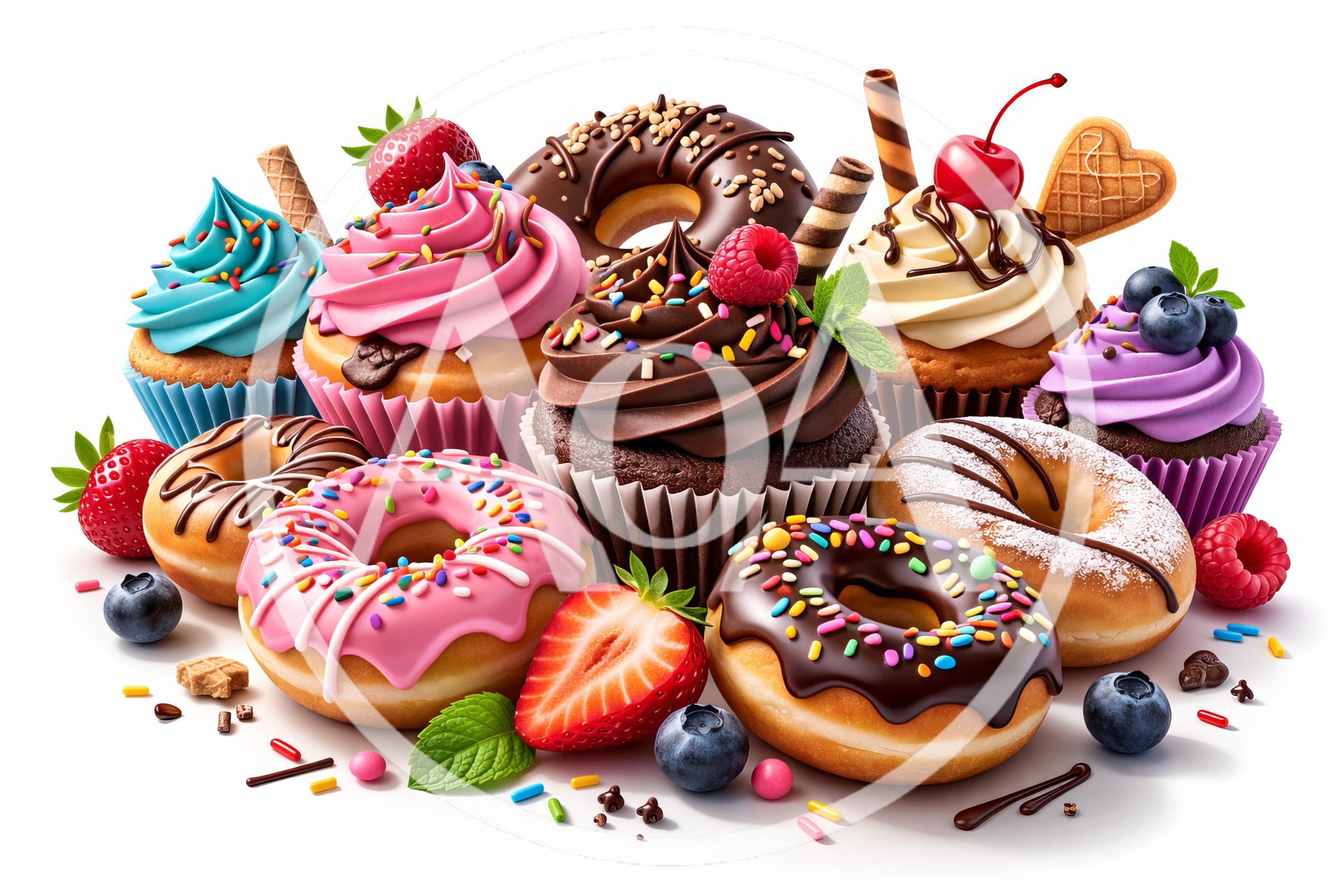 Assorted Gourmet Cupcakes and Donuts with Fresh Berries