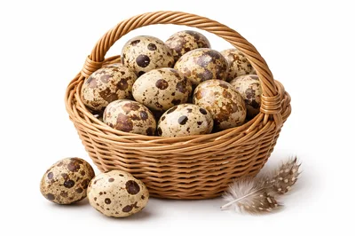 Quail Eggs in a Wicker Basket with Feather