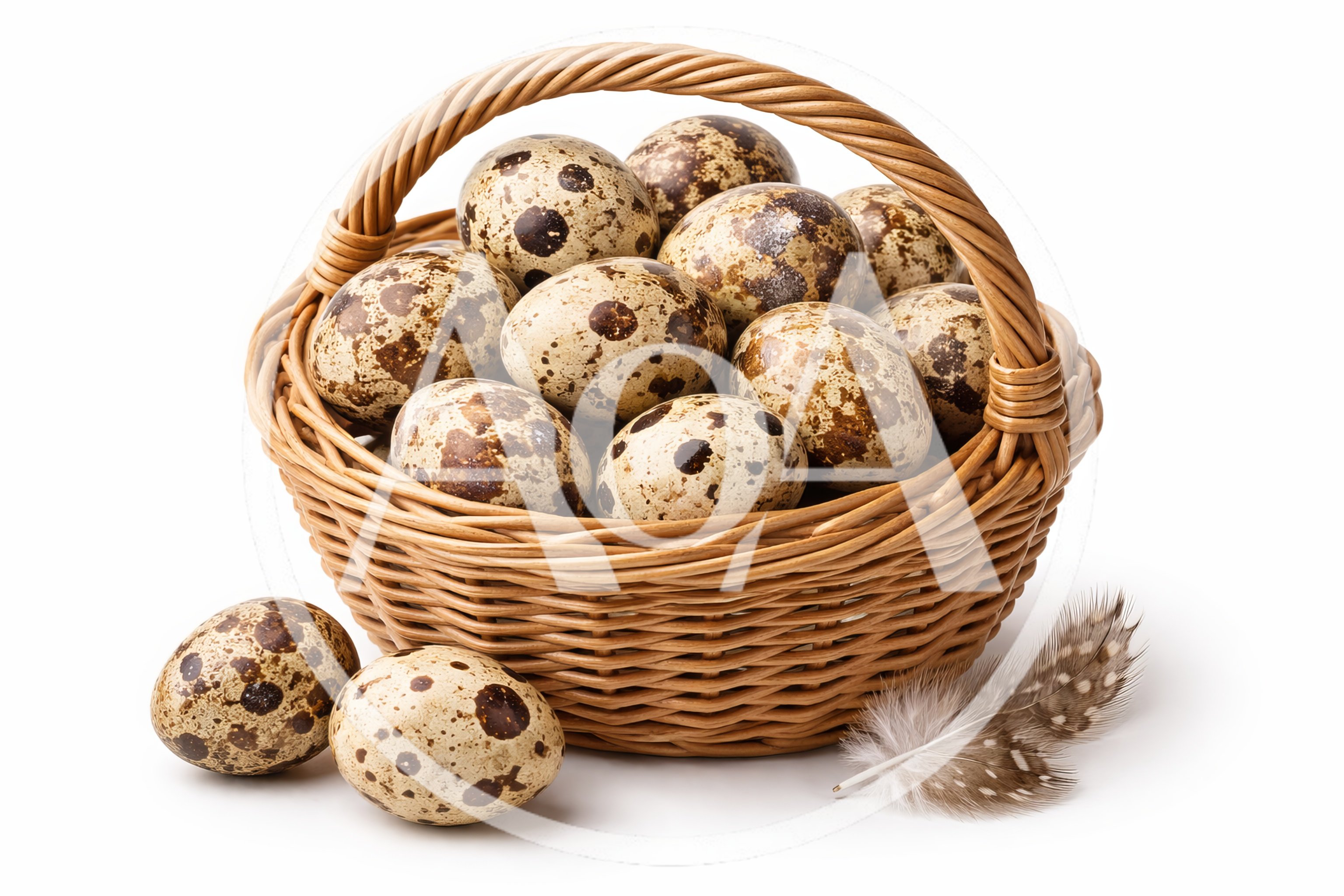 Quail Eggs in a Wicker Basket with Feather