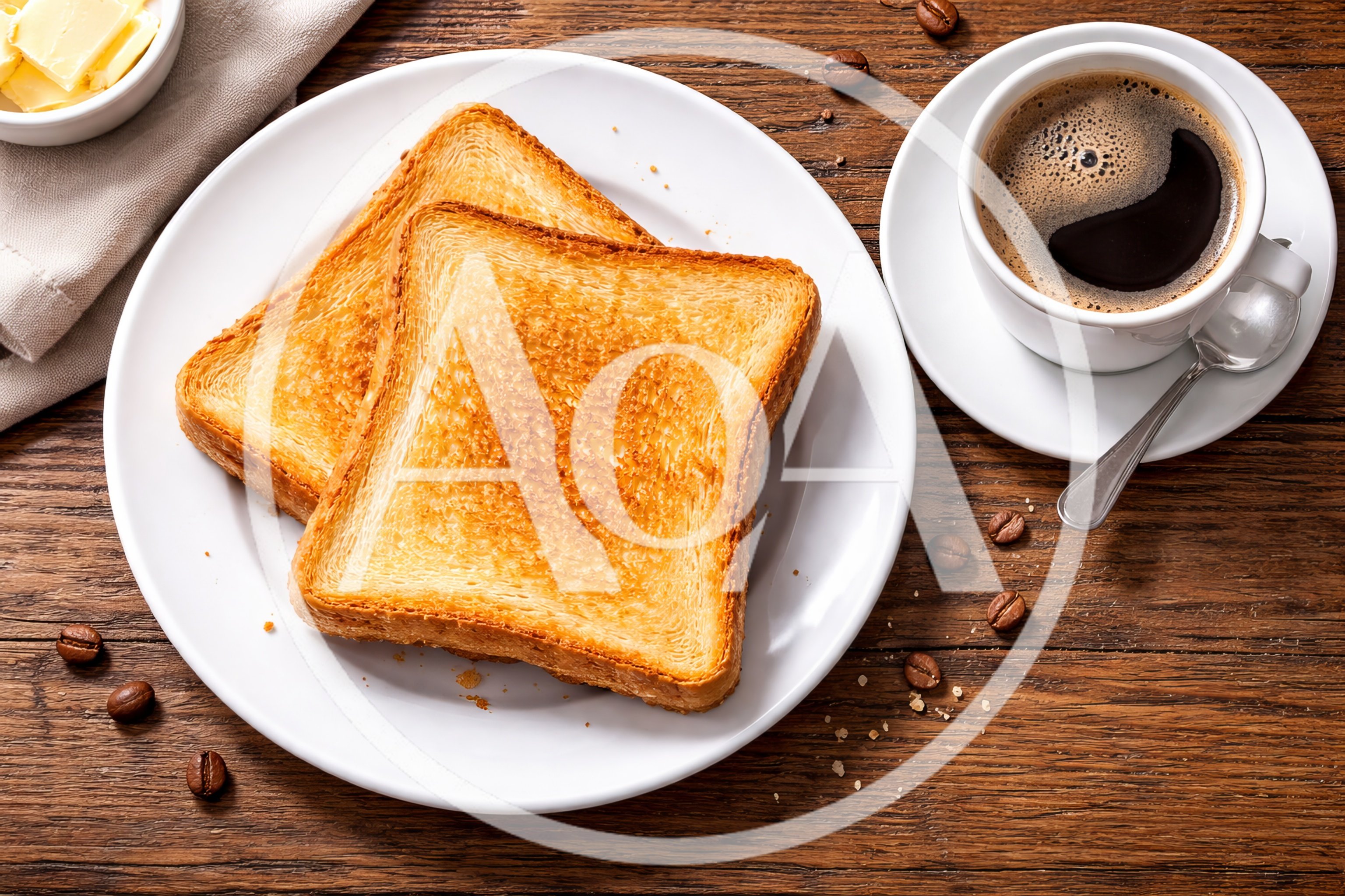 Breakfast Toast With Coffee On Wooden Table