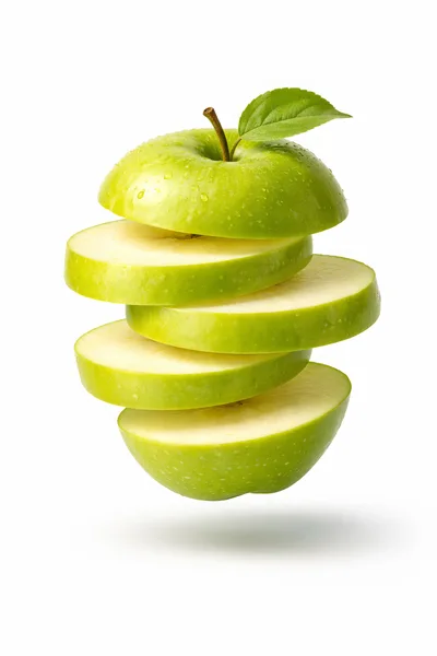 Sliced Green Apple Floating On White Background