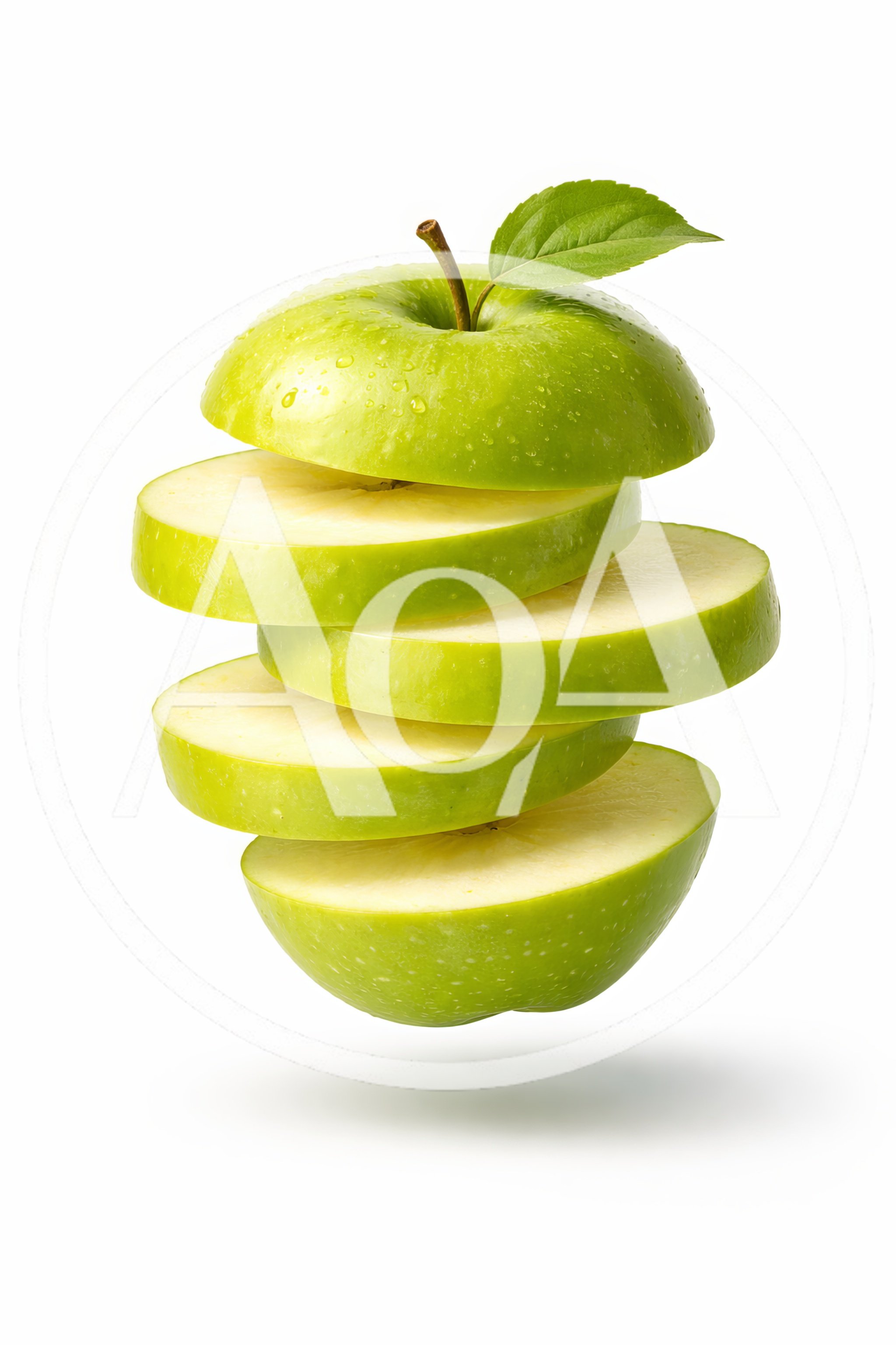 Sliced Green Apple Floating On White Background