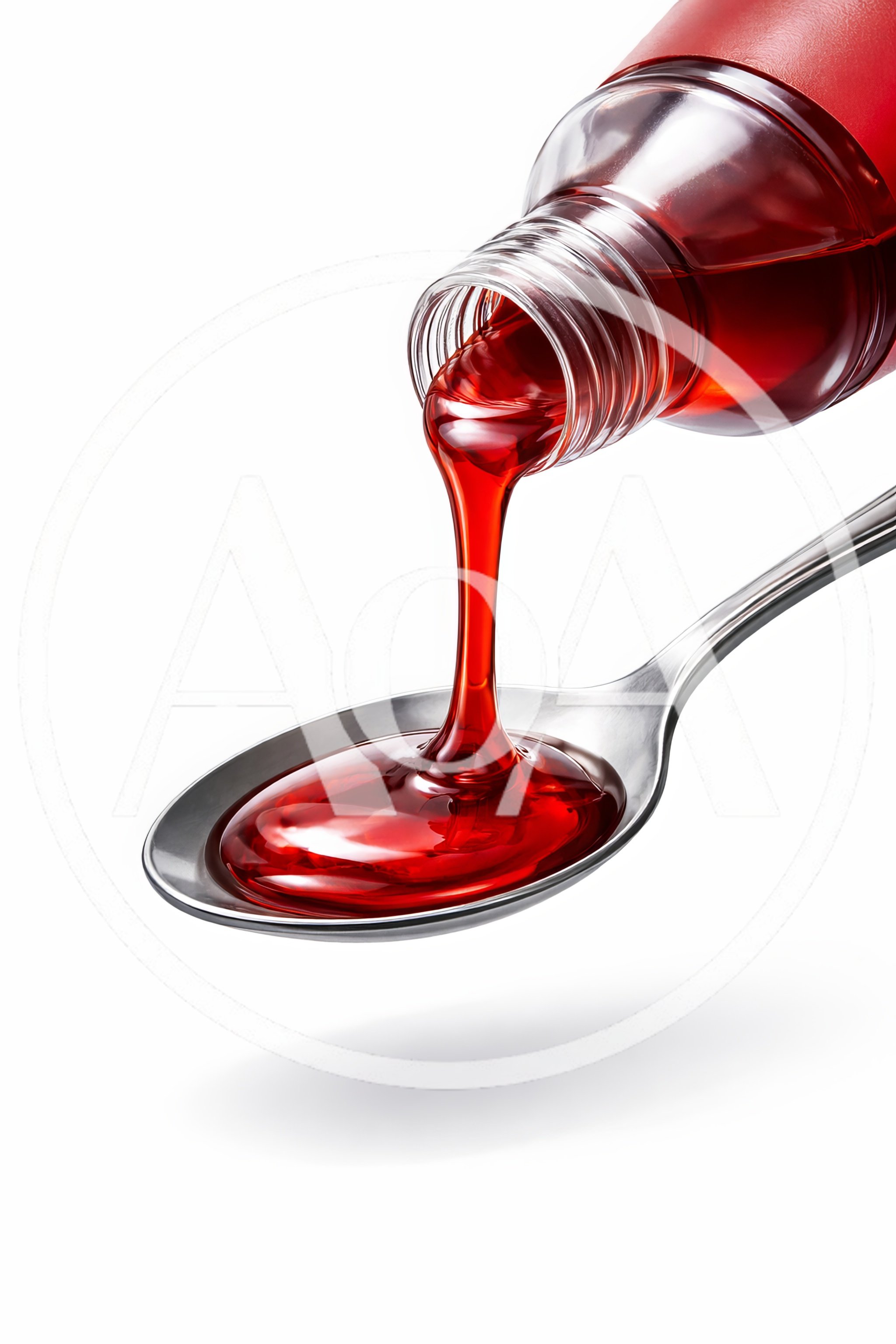 Red Cough Syrup Pouring Into A Metal Spoon