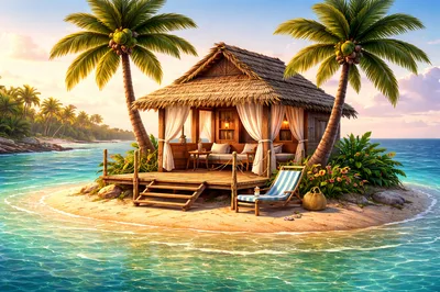 Tropical Island Beach Hut With Palm Trees
