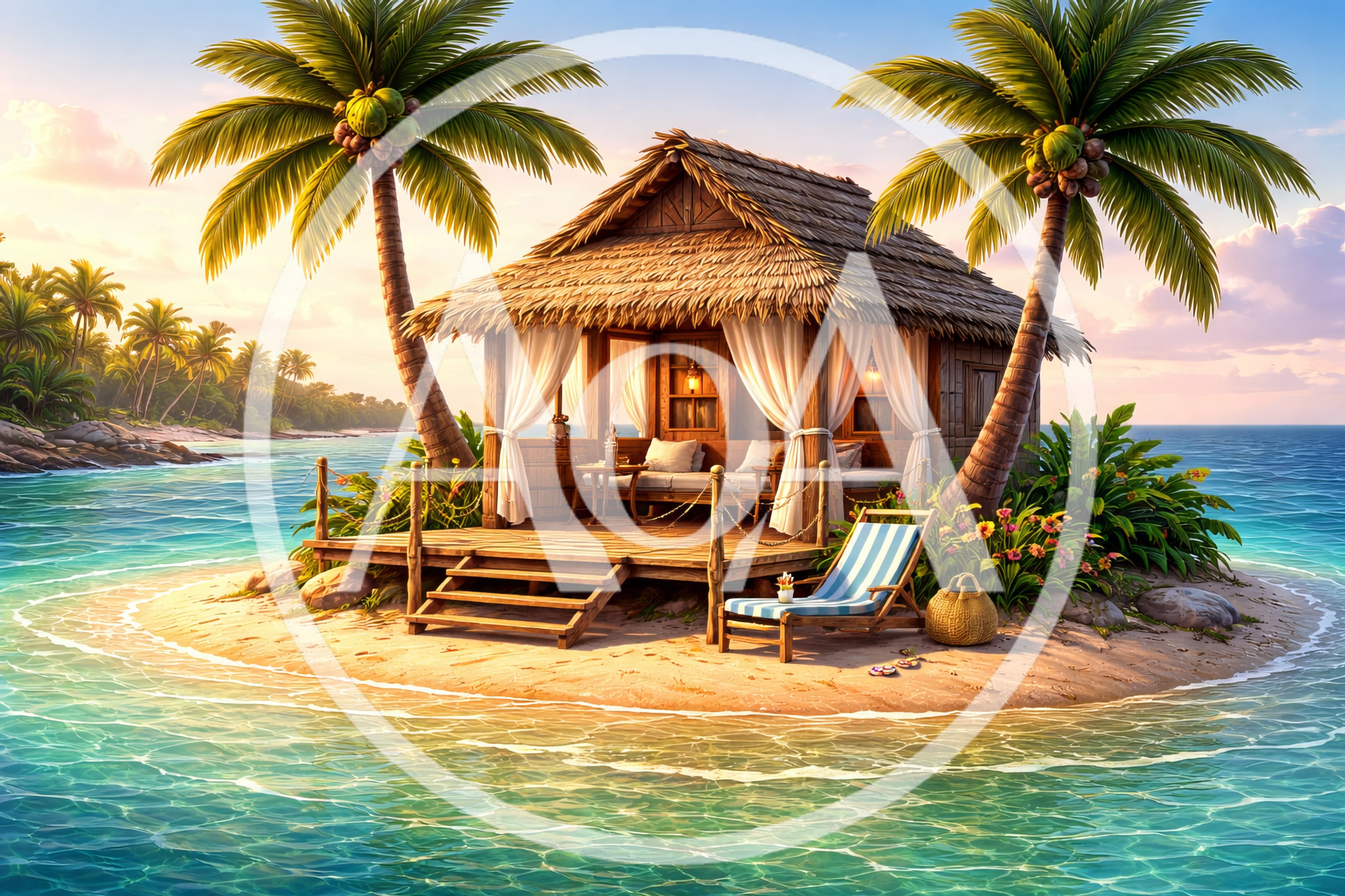 Tropical Island Beach Hut With Palm Trees