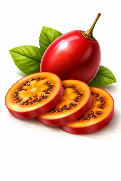 Fresh Whole And Sliced Tamarillo Fruit With Green Leaves