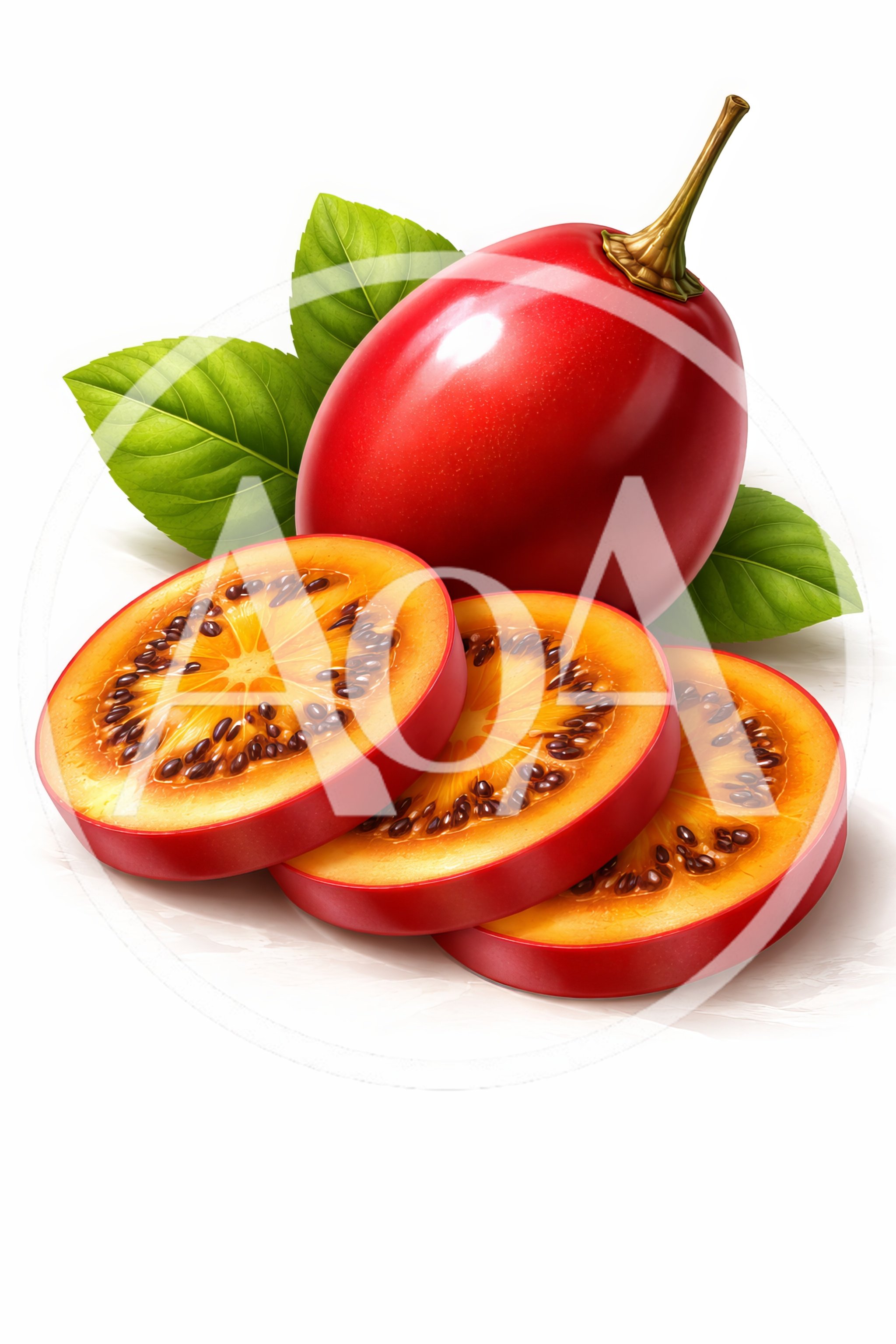 Fresh Whole And Sliced Tamarillo Fruit With Green Leaves