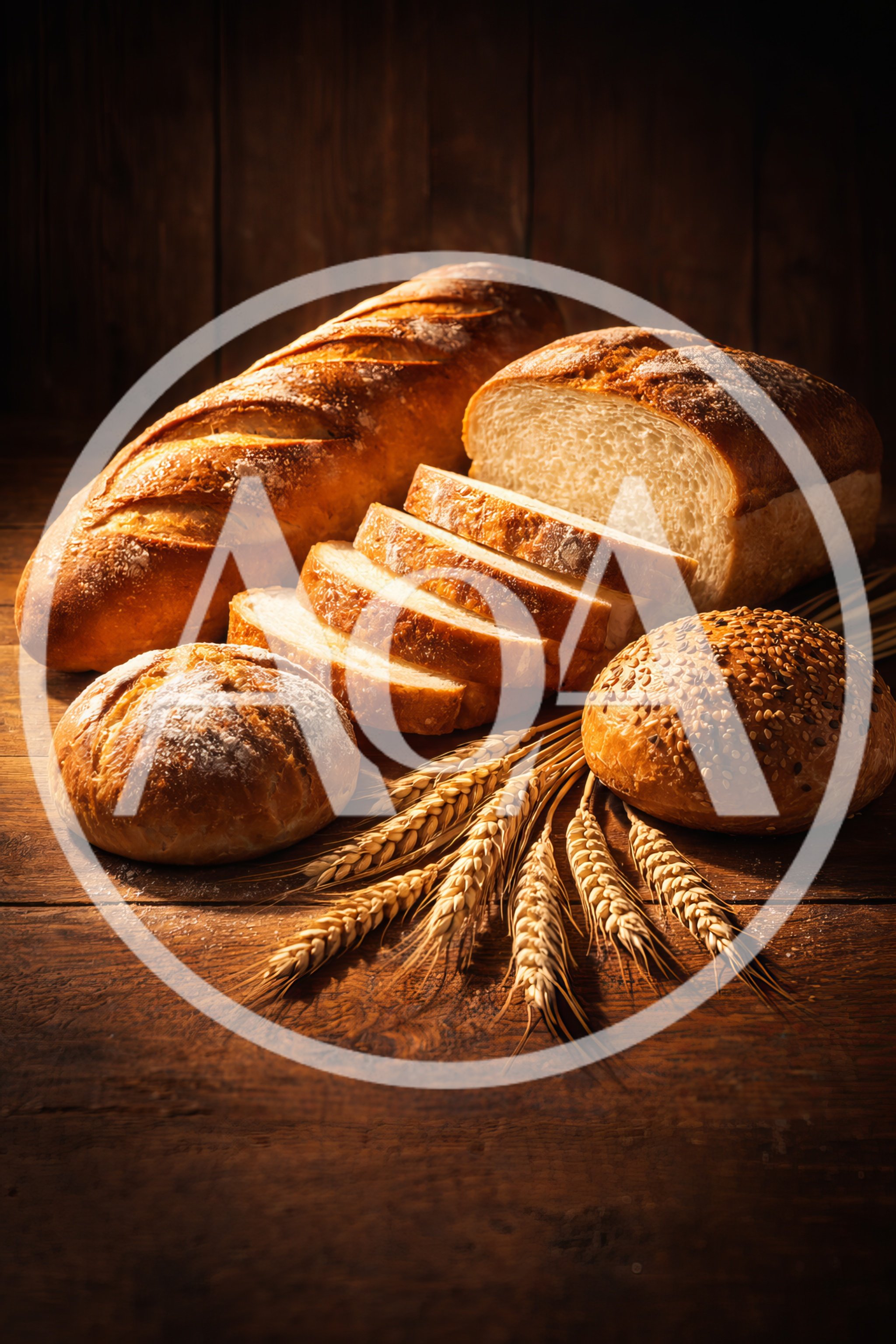 Assorted Freshly Baked Bread Loaves and Wheat Stalks