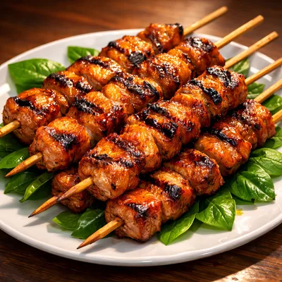 Grilled Pork Skewers Served On A Bed Of Basil