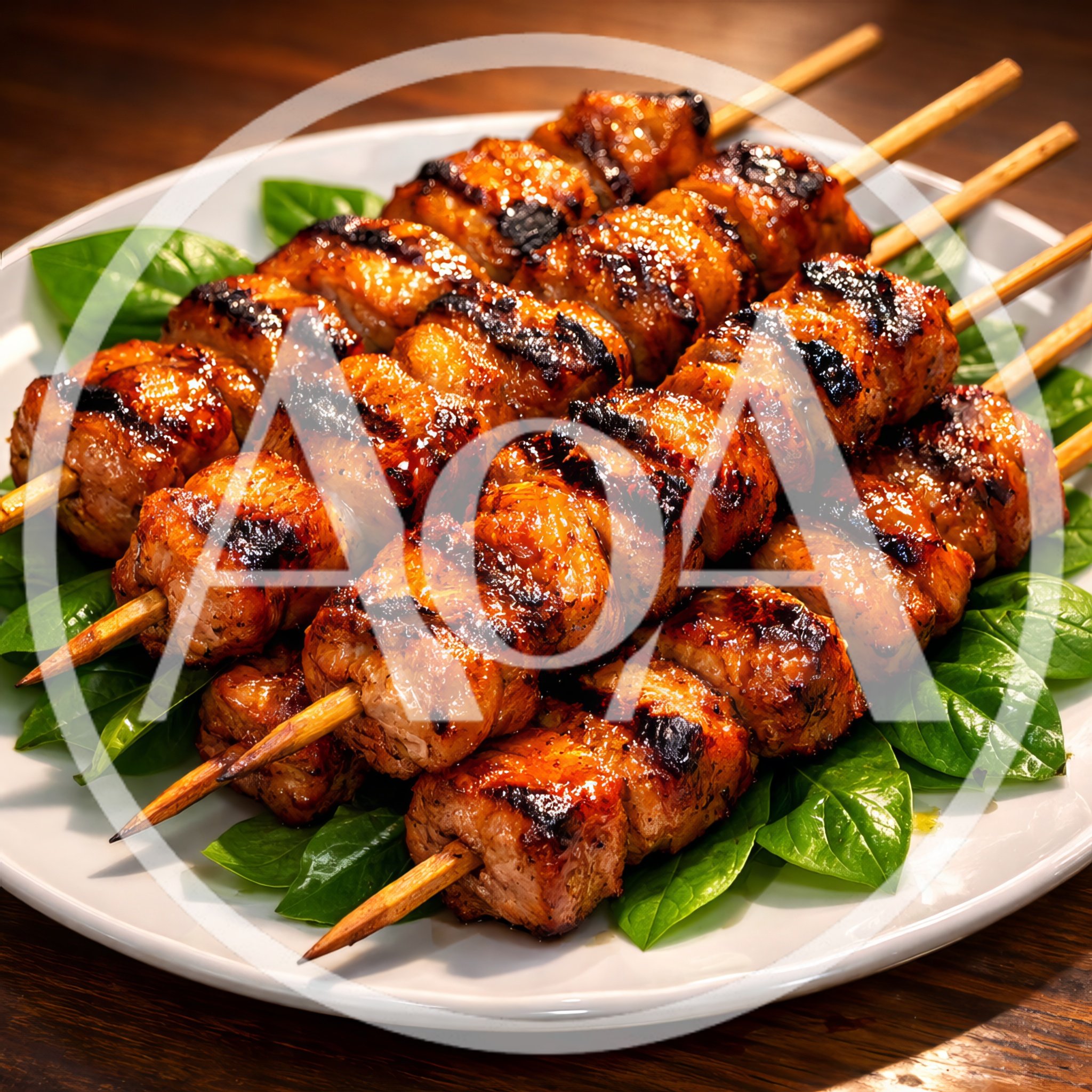 Grilled Pork Skewers Served On A Bed Of Basil