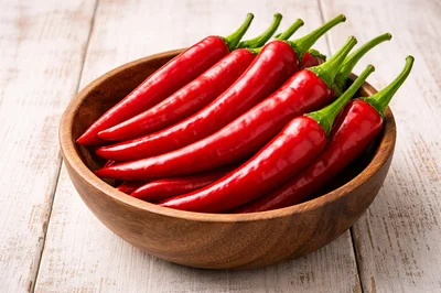 Fresh Red Chili Peppers In A Wooden Bowl