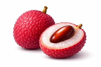 Whole and Halved Lychee Fruit on White Background