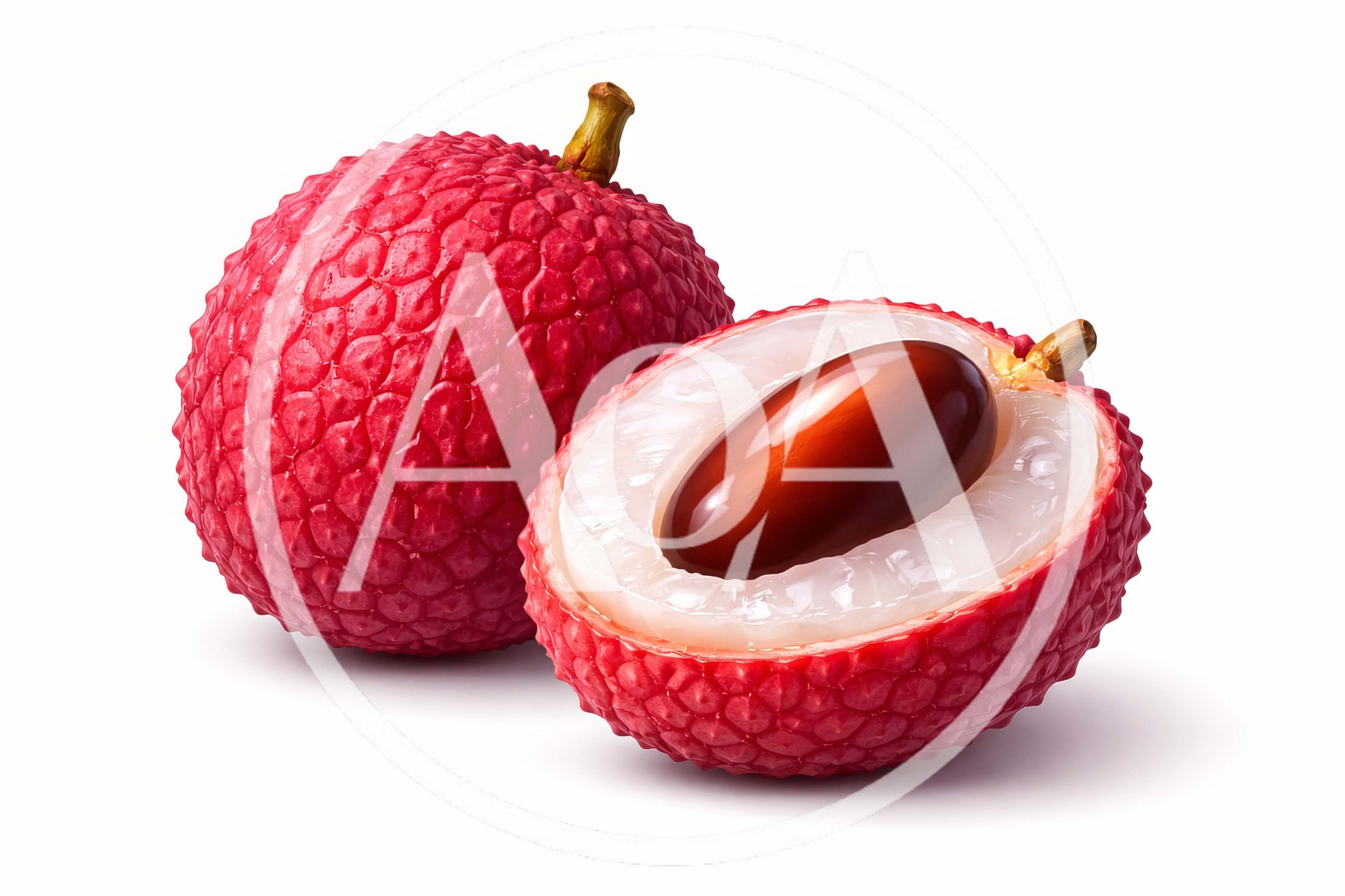 Whole and Halved Lychee Fruit on White Background