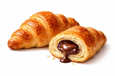 Two Fresh Chocolate Filled Croissants On White Background