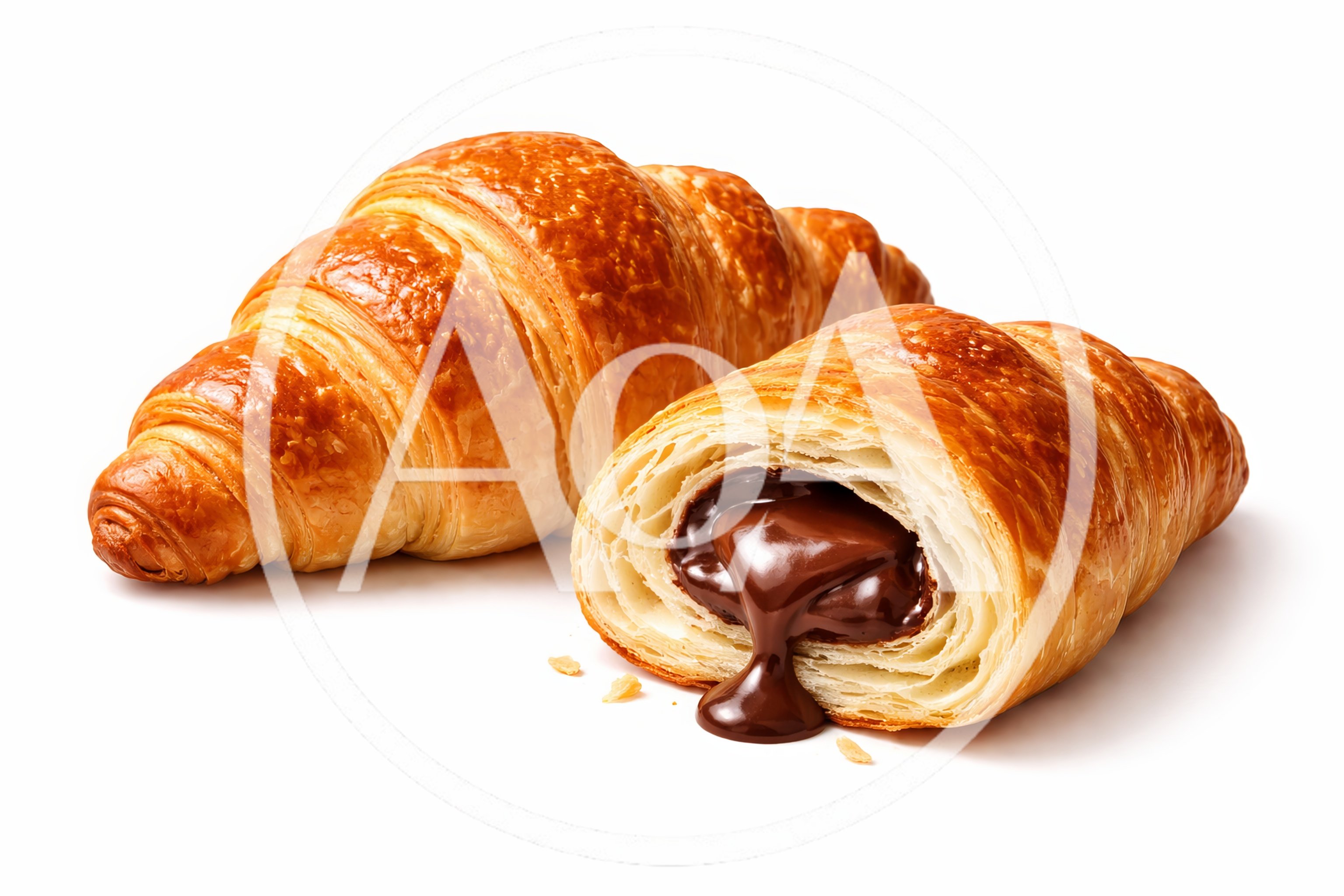 Two Fresh Chocolate Filled Croissants On White Background