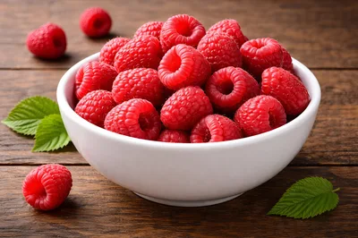 Fresh Raspberries In A White Bowl On Wooden Table
