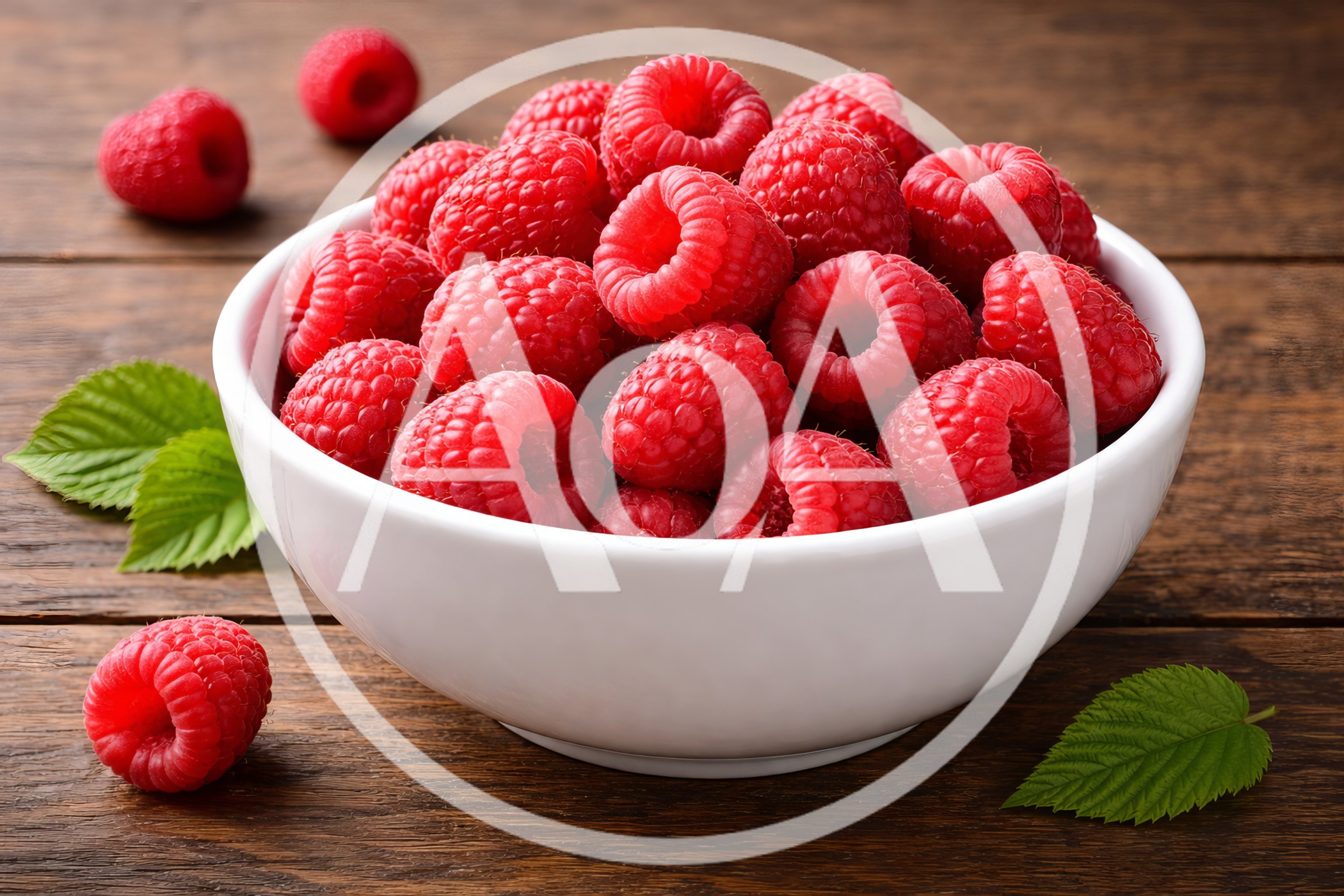 Fresh Raspberries In A White Bowl On Wooden Table