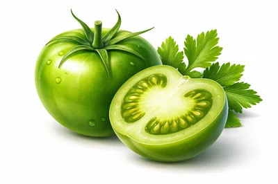 Fresh Green Tomato With Sliced Half And Parsley