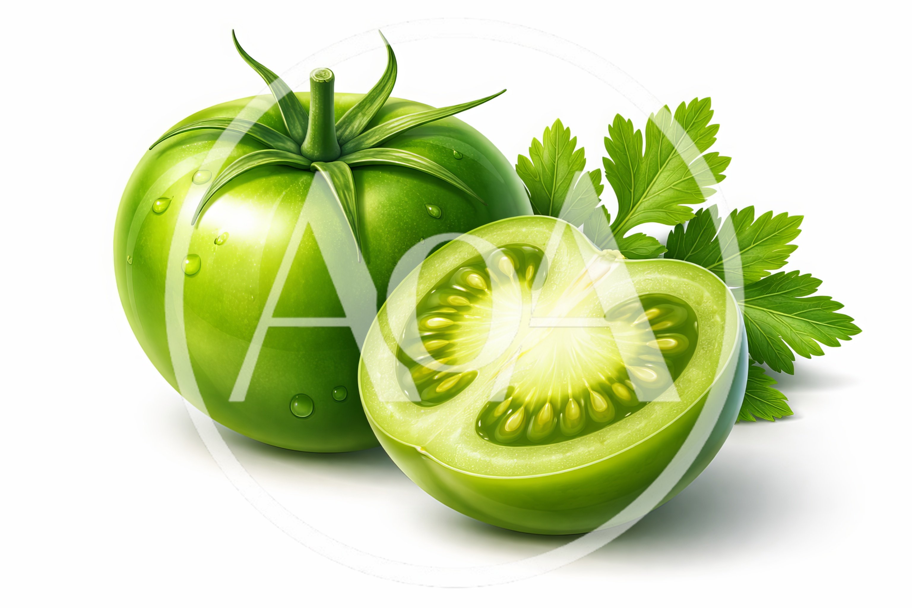 Fresh Green Tomato With Sliced Half And Parsley