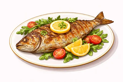 Grilled Whole Fish Served With Lemon And Tomatoes