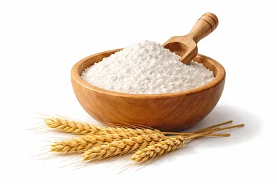 Wooden Bowl Of Flour With Wheat Stalks