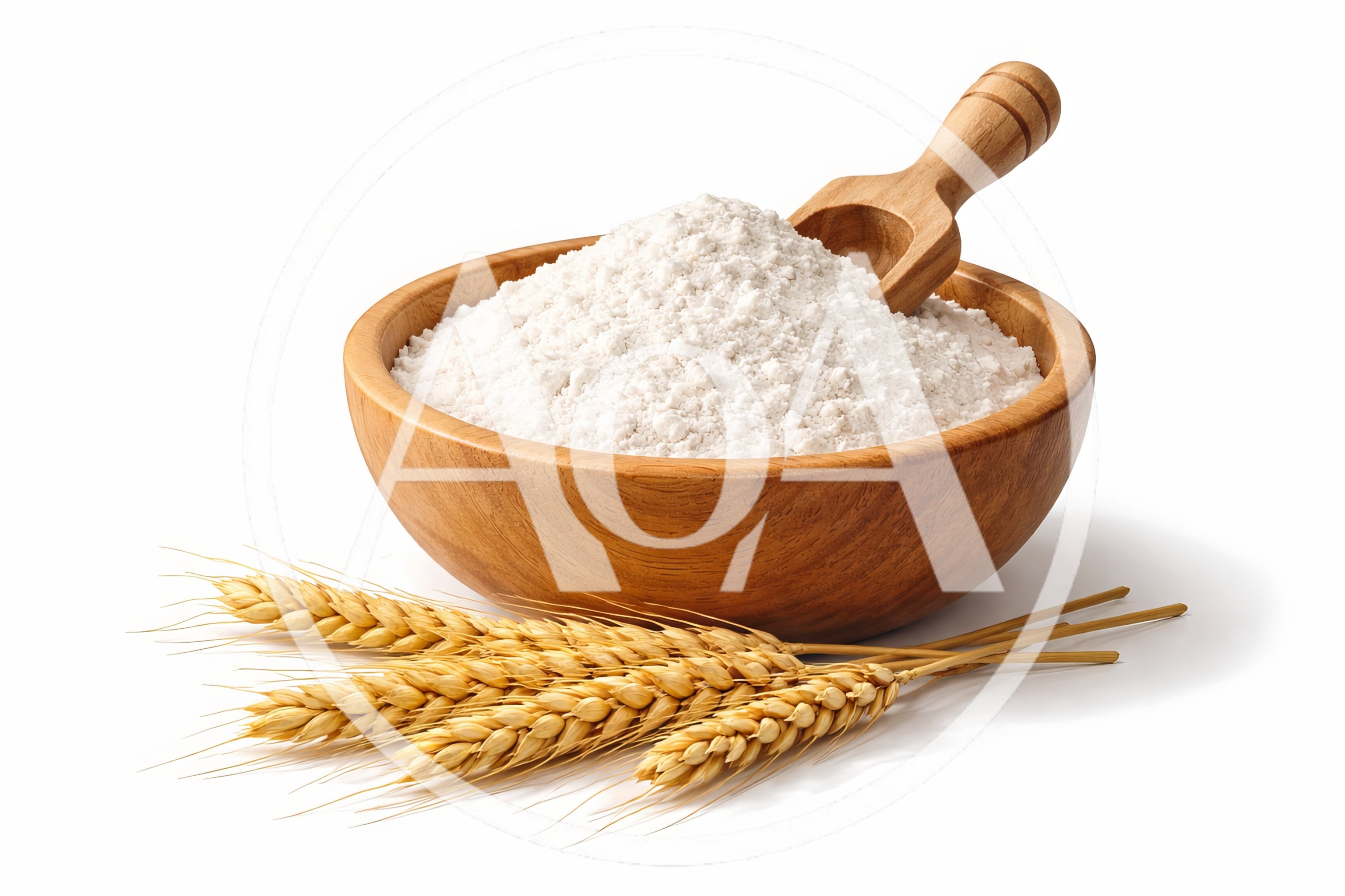 Wooden Bowl Of Flour With Wheat Stalks
