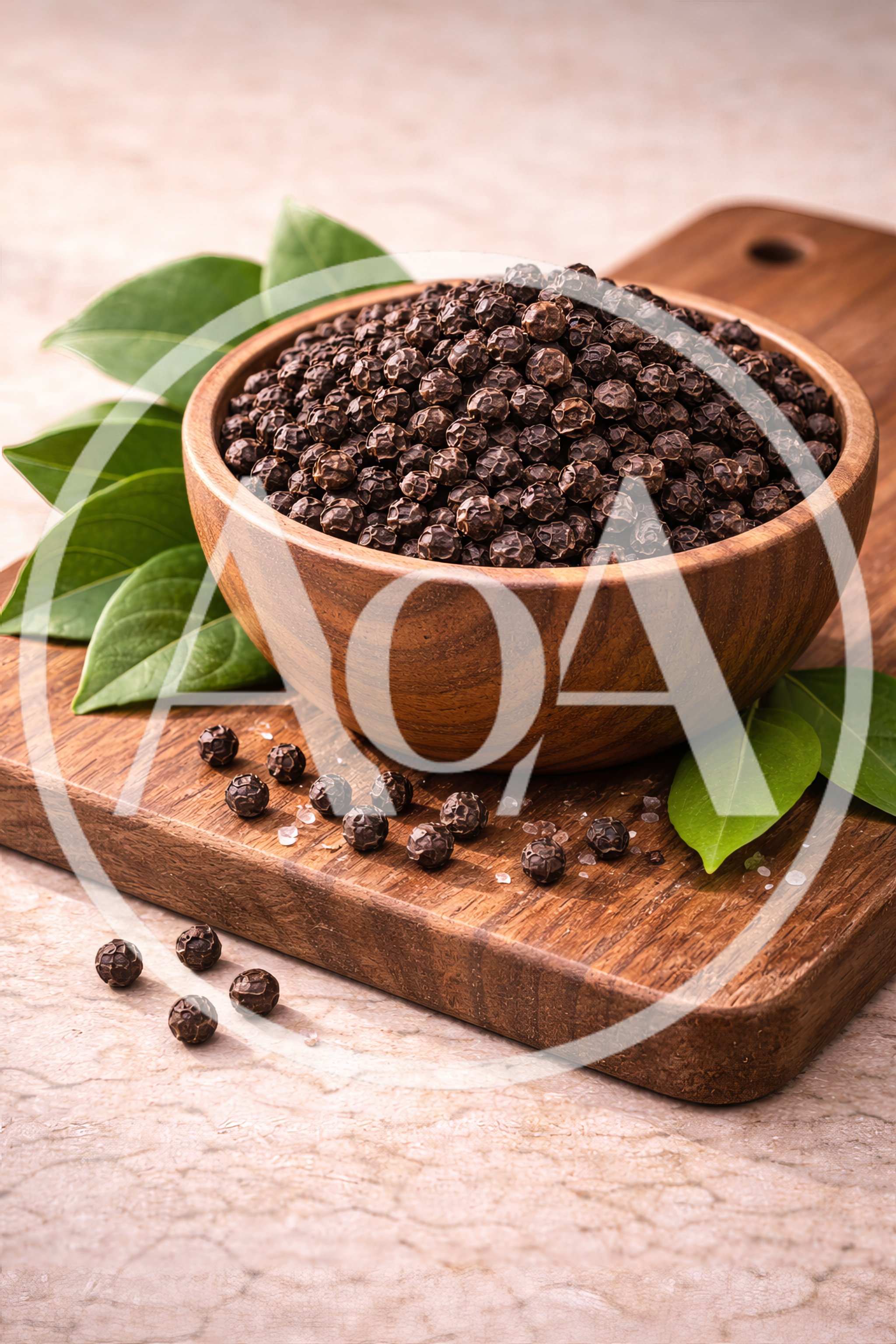 Wooden Bowl Filled With Whole Black Peppercorns